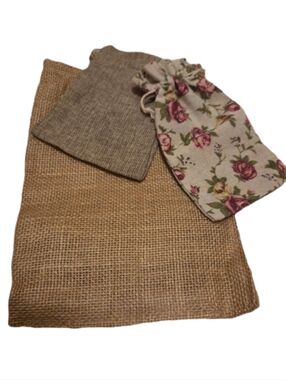 Set Of 3 Floral and Burlap Drawstring Bags Tea Party Wedding Vintage Victorian